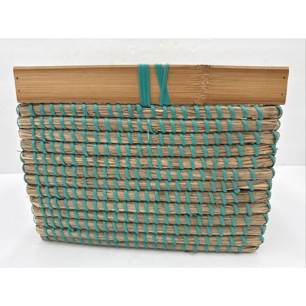 Max Studio Home Woven Reed Rattan Basket Make Up Storage Teal New